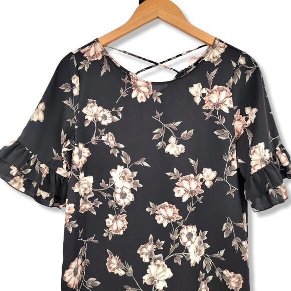 Leis Amis Black Floral Ruffle Sleeve Mini Dress‎ Size Small - Picture 6 of 10